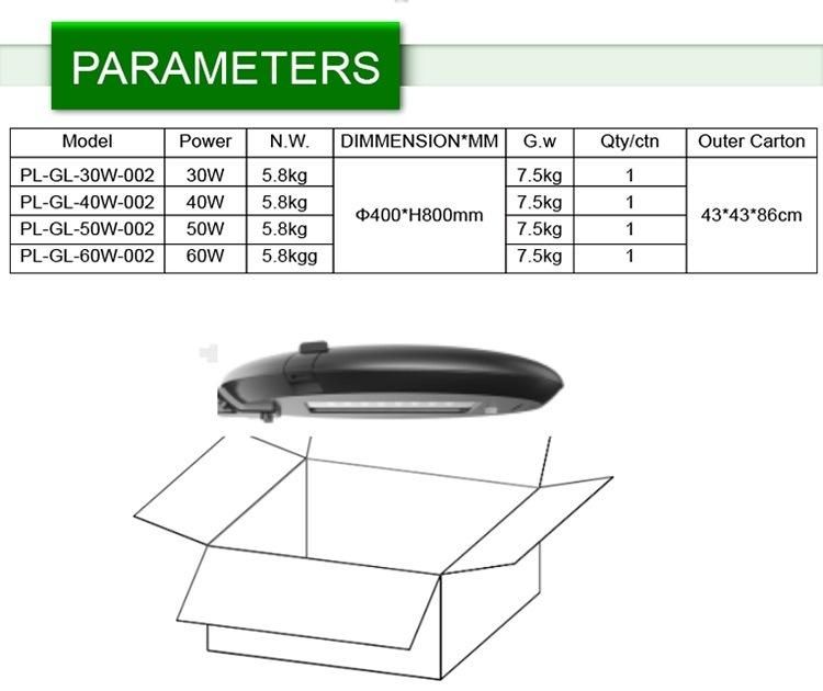 2019 Newest IP66 Waterproof Ce RoHS 50W LED Garden Light Outdoor Street Lamp Post Light