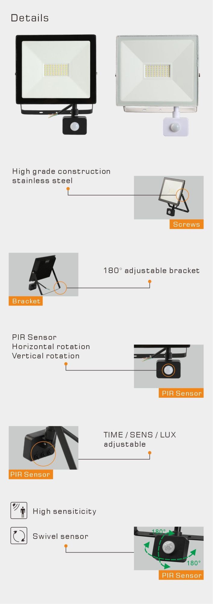 LED Outdoor Waterproof LED Floodlights with PIR Sensor Projector