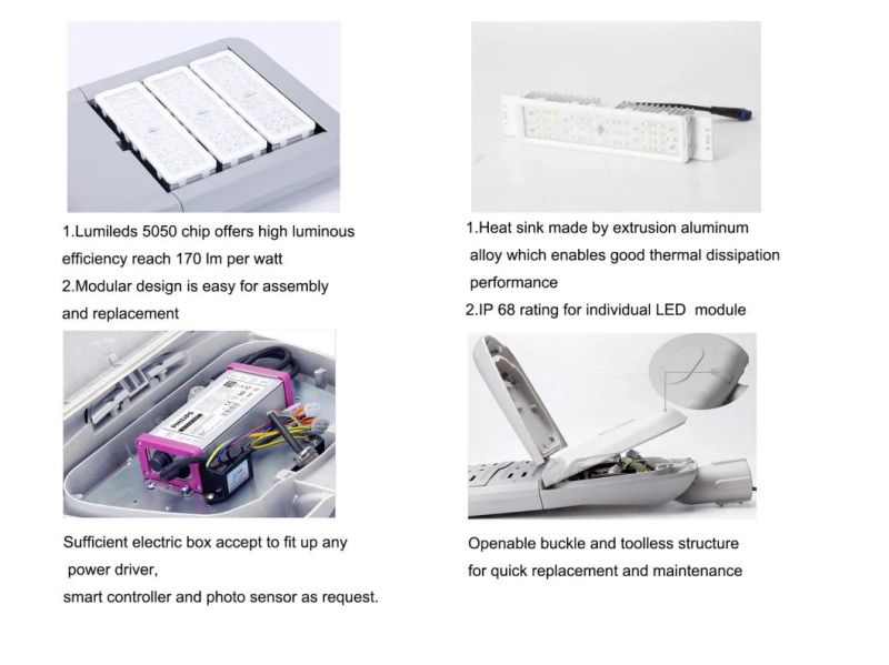 Aluminum High Efficiency 150W Modular Waterproof Warm/Cold Color LED Street Light