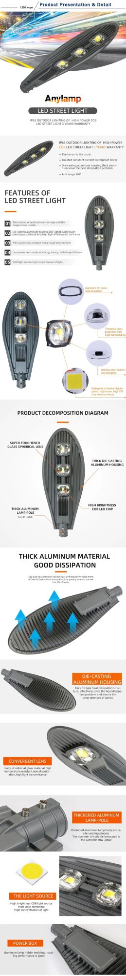 Aluminum Die Casting COB 150W LED Street Light Waterproof IP65 AC85-265V Industrial Engineering Outdoor Lighting Road