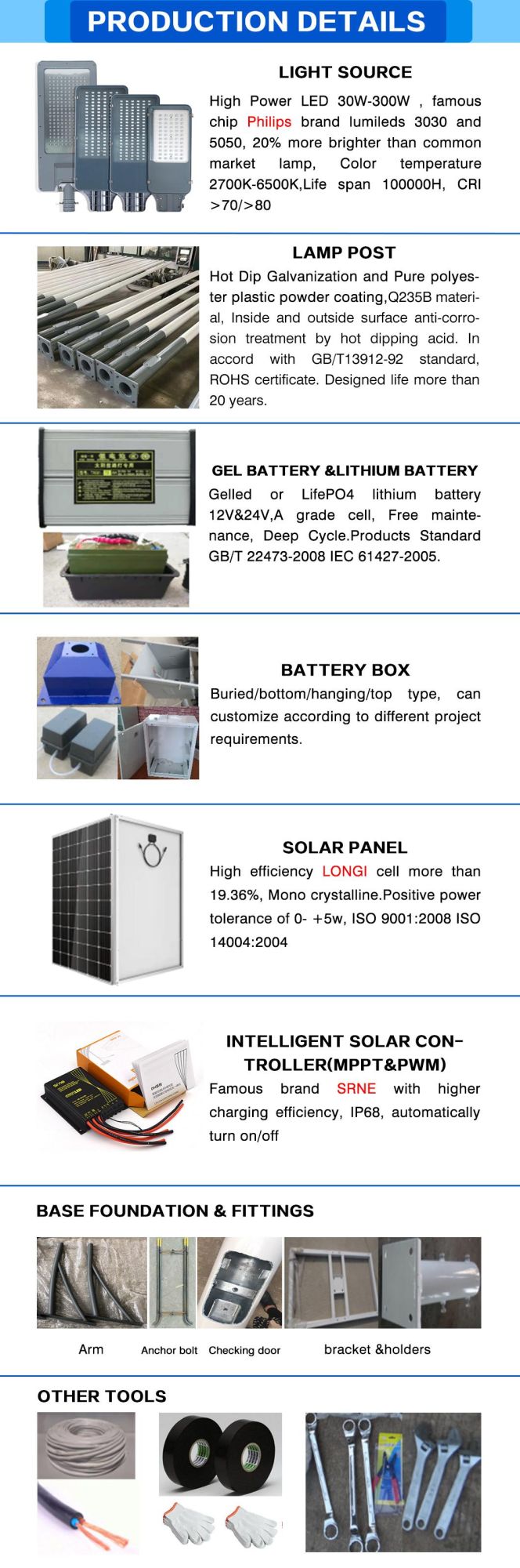 Outdoor Mono Solar Panel 8m 40W 50W 60W Double Arms LED Solar Street Light 4000K 5000K 6000K >140lumen with CE RoHS ISO Certified