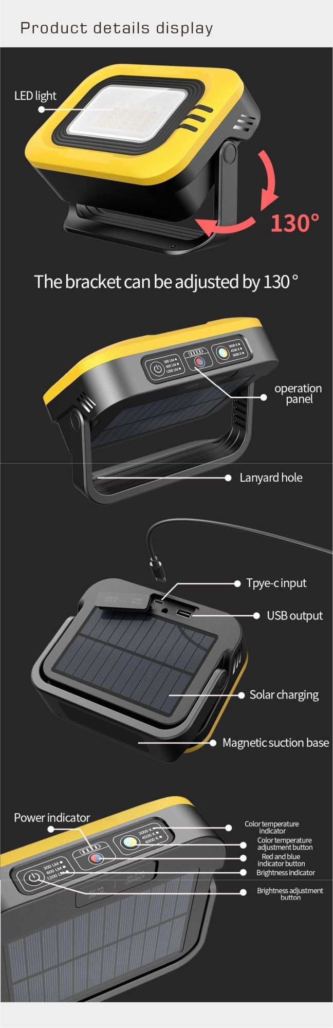 Portable CCT Change Color Adjustable Oudoor LED Solar Camping Light for All Scenes