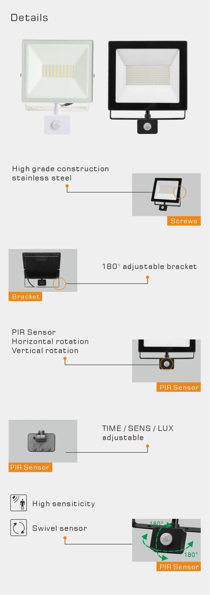 Warm White LED Floodlight with PIR Sensor