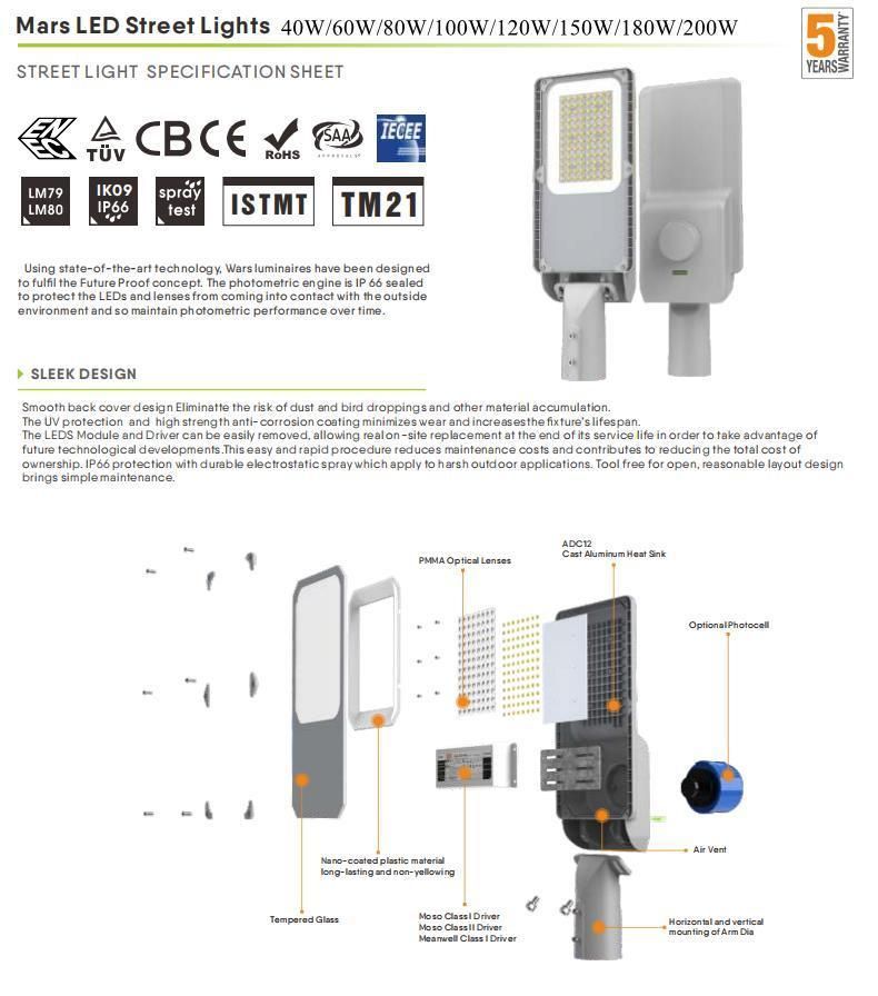 40W 150lm/W Efficiency Waterproof IP66 for Outdoor Pathway Street Lamp