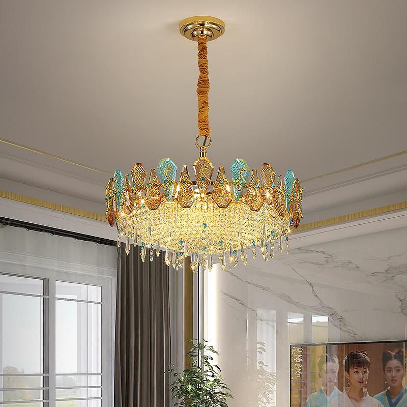 2022 Decorative Living Room Gold Hanging Pendant Lighting Fixture Colorful Crystal Stone Chandelier