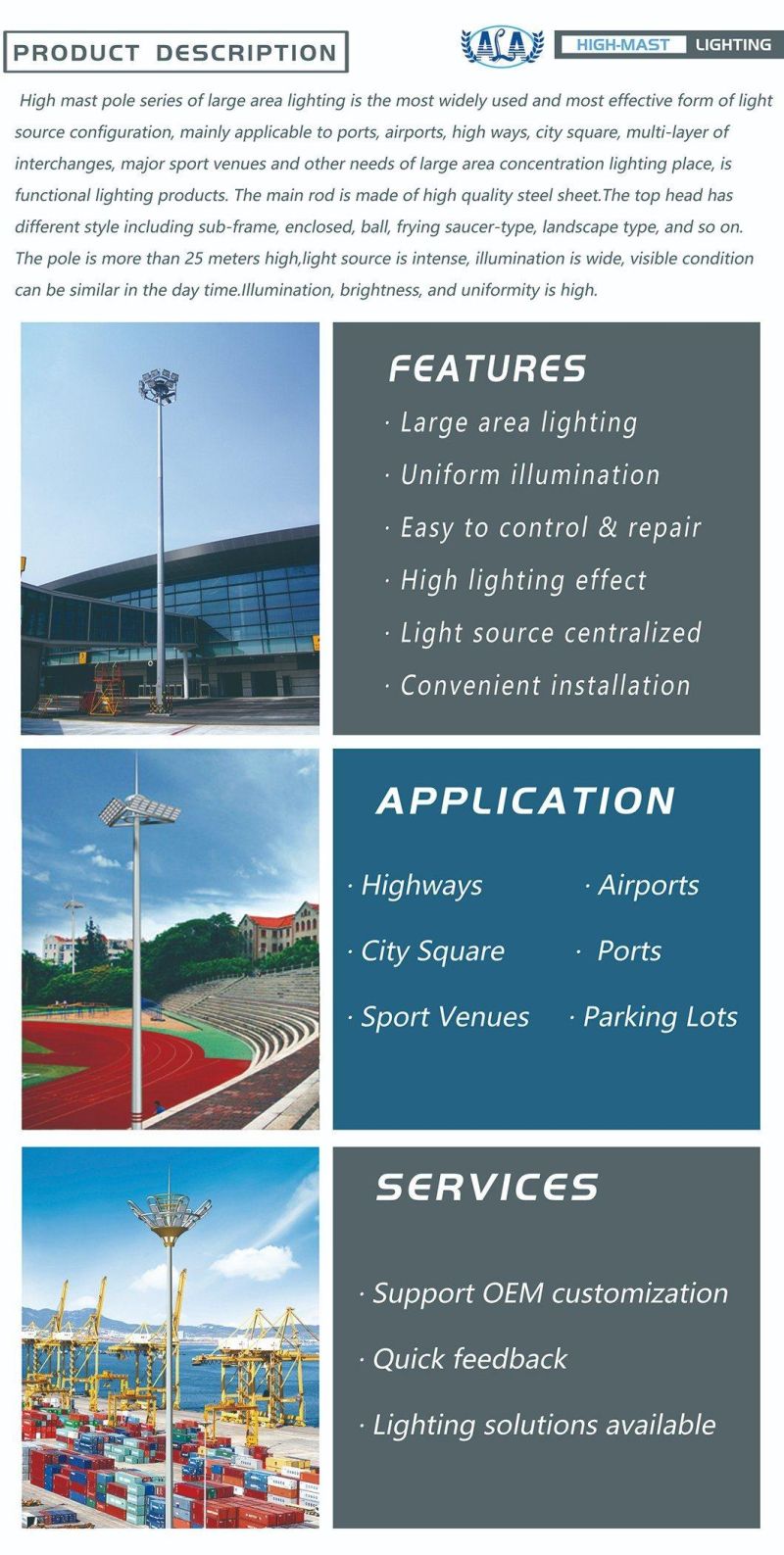 Ala High Lumen 900W Outdoor High Mast Light for Soccer Sport Field with High Mast Pole and Ladder