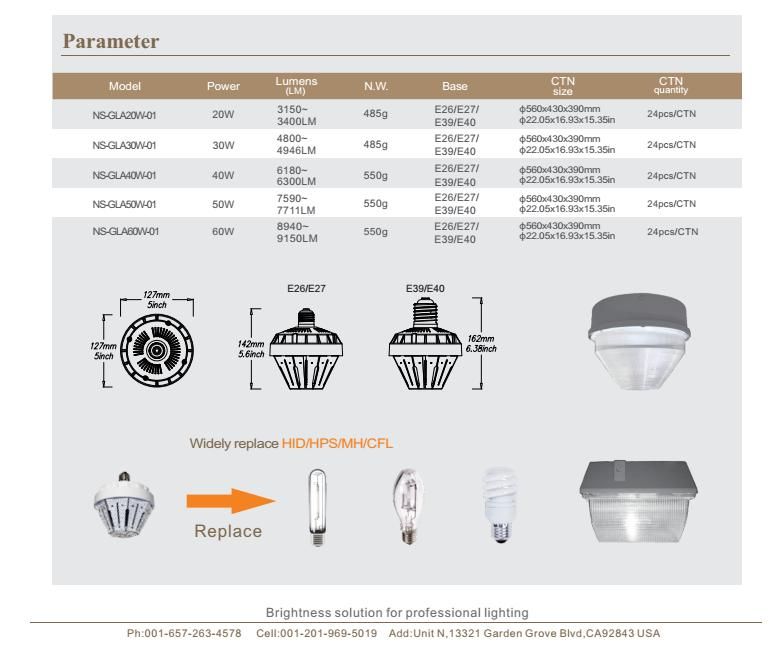 40W Medium Base LED Corn Bulb Pyramid Shape Stubby Size UL Dlc