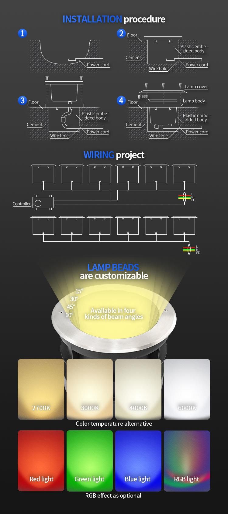 IP66 3W/7W/12W/18W/24W/36W 3000K LED Outdoor Inground Light