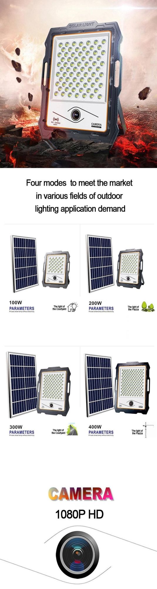 Multi-User Intelligent Management IP67 LED SMD 1080P Security Camera Radar Sensor Solar 100W LED Camera Lights