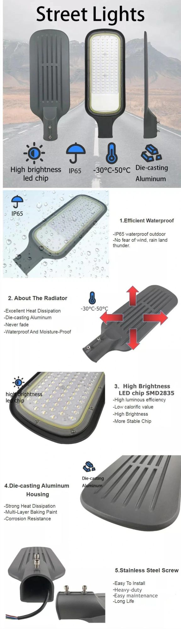 Waterproof IP65 AC200-240V 50W LED Street Light for Sidewalk Road