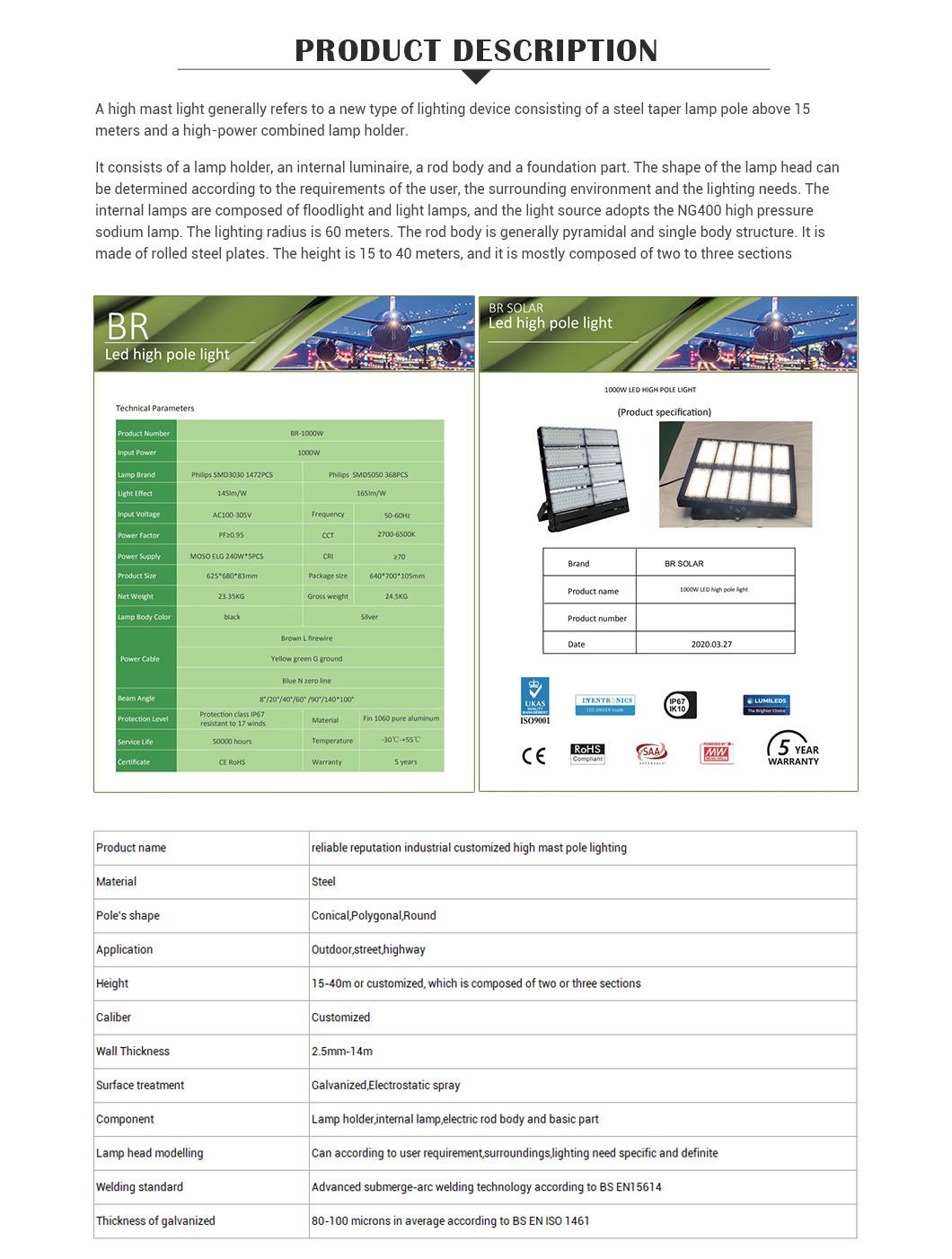 40m IP67 Br LED Street Lighting Anti-Rusted High Mast Pole