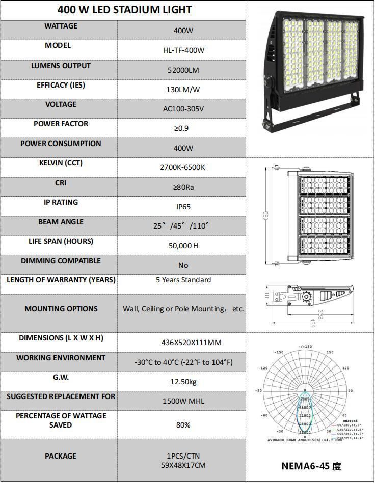 400W New Stadium 2700K-6500K 130lm/W LED High Mast Light