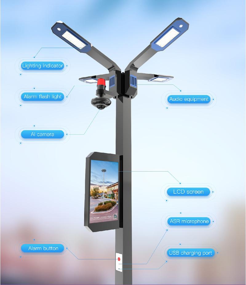 High Lumen Outdoor IP65 All in One LED Cloud Platform Manageme for Solar Smart Street Light Pole with WiFi/ CCTV/ Charging Pile/ Alarm / Environmental Monitor