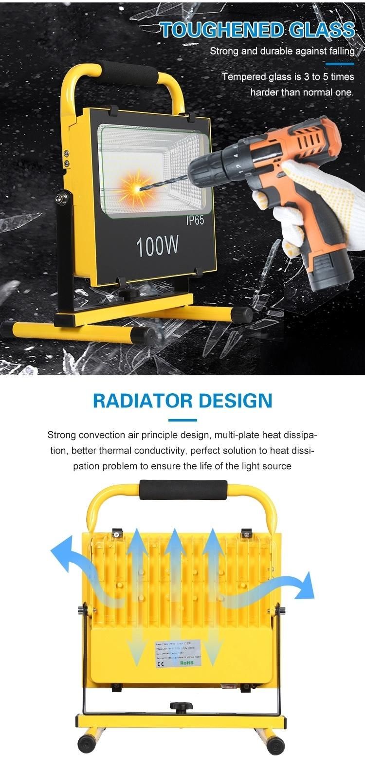 Rechargeable Portable 20W/30W/50W/100W/150W LED Flood Light Work Light for Outdoor Lighting IP65 Waterproof