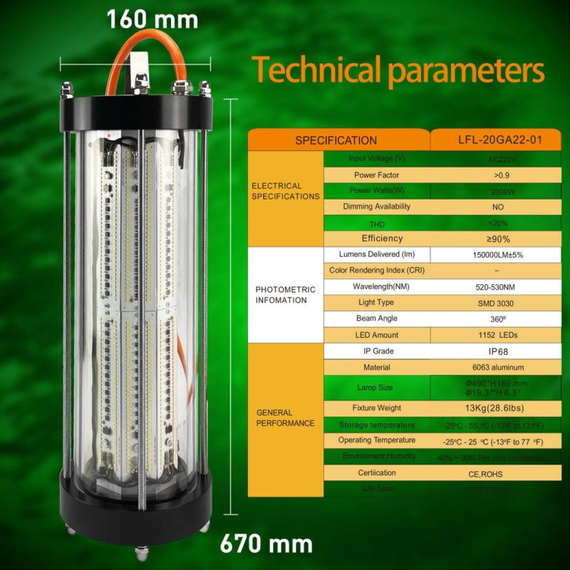 2000watt LED Fishing Lights Green LED Underwater Fishing Light AC 220V-240V