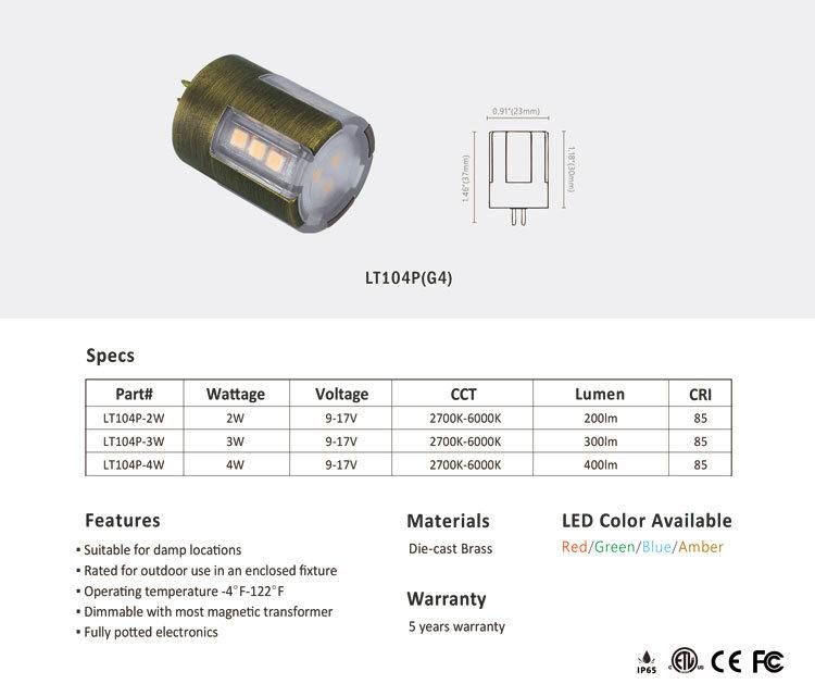 G4 LED Bulb 2W Bi-Pin Base Brass Waterproof