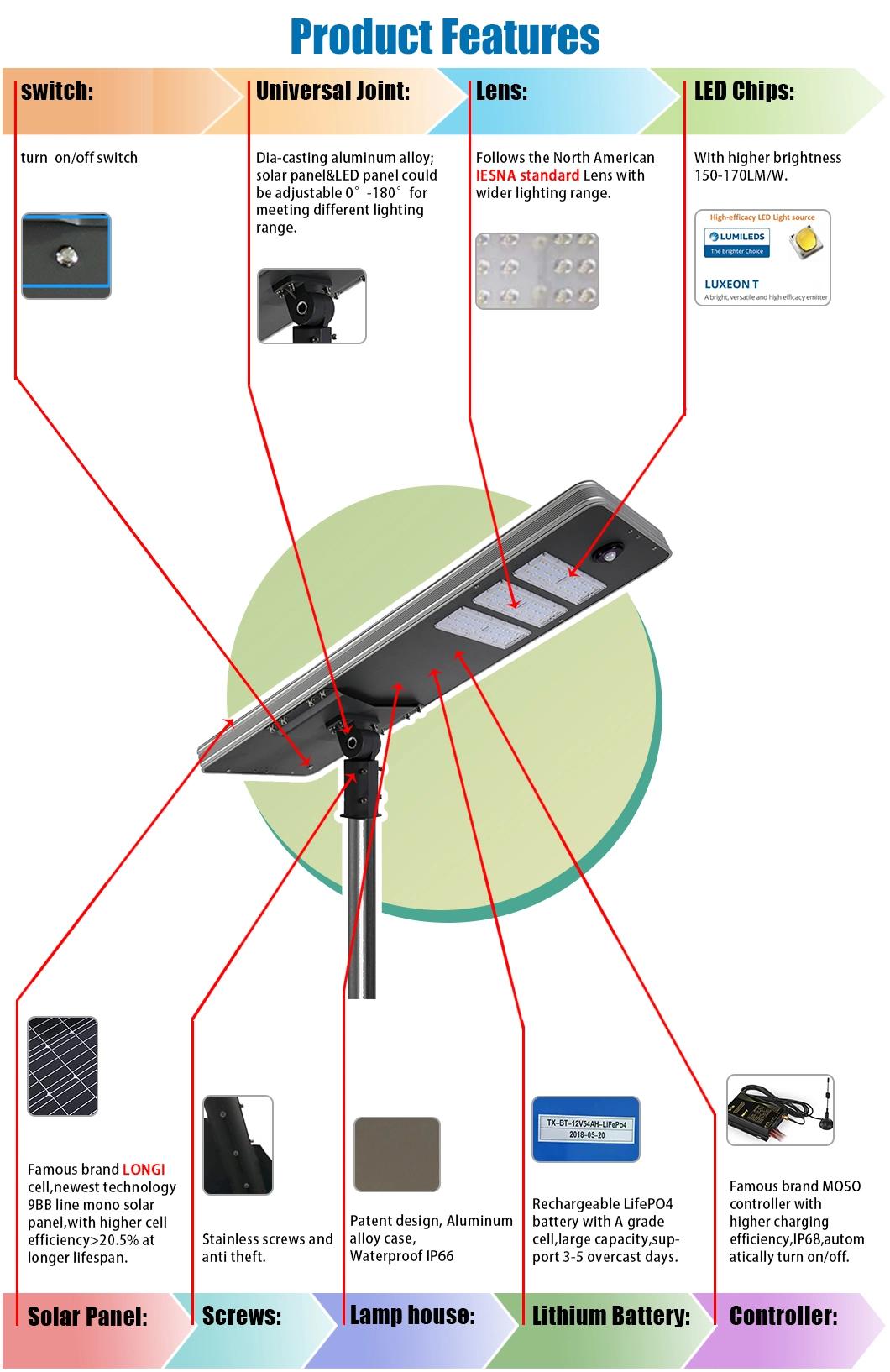 Outdoor High Brightness IP65 Waterproof 30W 40W 50W 60W 80W 100W 120W Adjustable All in One Solar LED Road Light