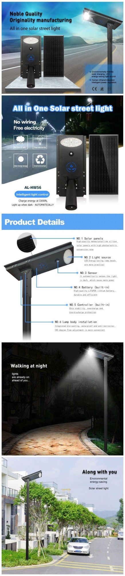 All in One 56W Integrated Outdoor Solar LED Street Garden Home Light for Control System with Battery and Panel