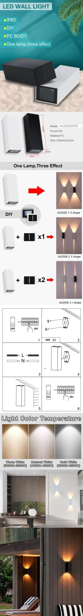 PC DIY up and Down SMD LED Wall Light Plastic Beam Angle Adjustable LED Wall Lamps
