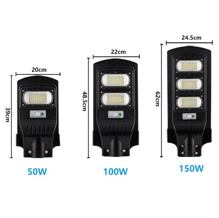 High Quality Human Body Induction Intelligent Outdoor Garden Courtyard Integrated IP55 Waterproof 50W 100W 150W Solar Road LED Street Light