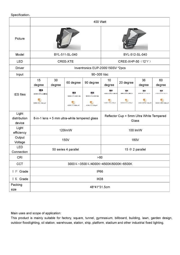 Rygh Energy Saving CREE Chip Inventronics Driver 400W Outdoor High Power LED Spot Light Spotlight Floodlight