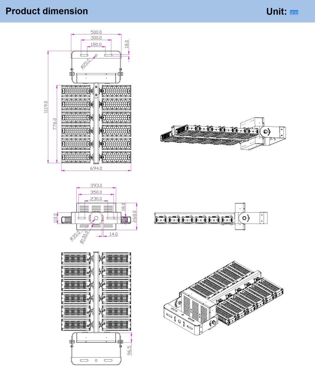 Extruded & Die Casting Aluminum Lamp Stadium LED Flood Light LED High Mast Luminaire 1500W 40000K / 5000K / 6000K Light Efficiency 150lm/W IP66 100-277V 50Hz