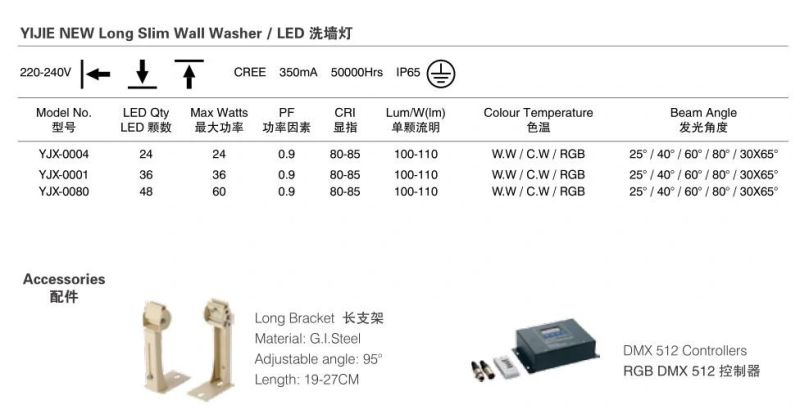Yijie 24W New Long Slim LED Wall Washer Lamp Light