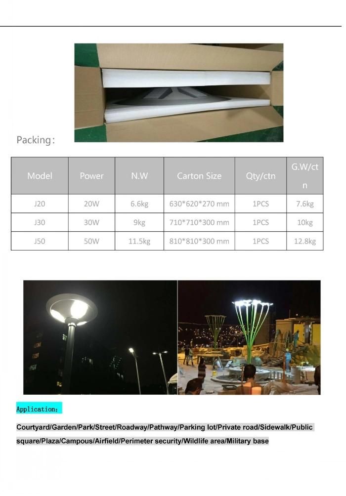 30W Waterproof Solar Park Pathway Integrated UFO Solar Street Pole LED Garden Lights Outdoor