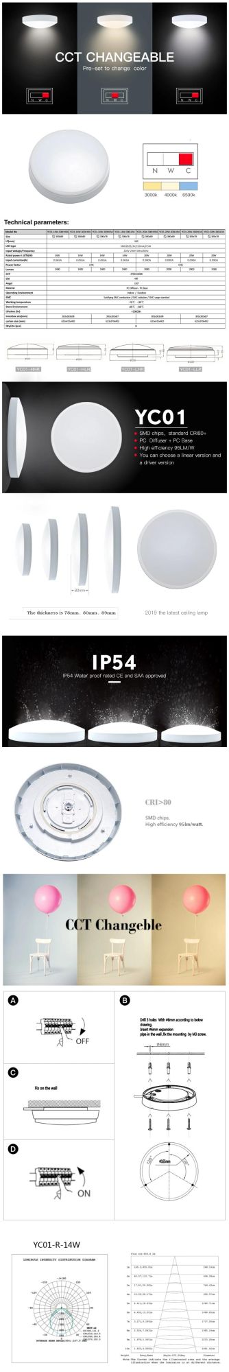 14W 20W Round IP54 SAA Factory Price 5 Years Warranty LED Ceiling Light