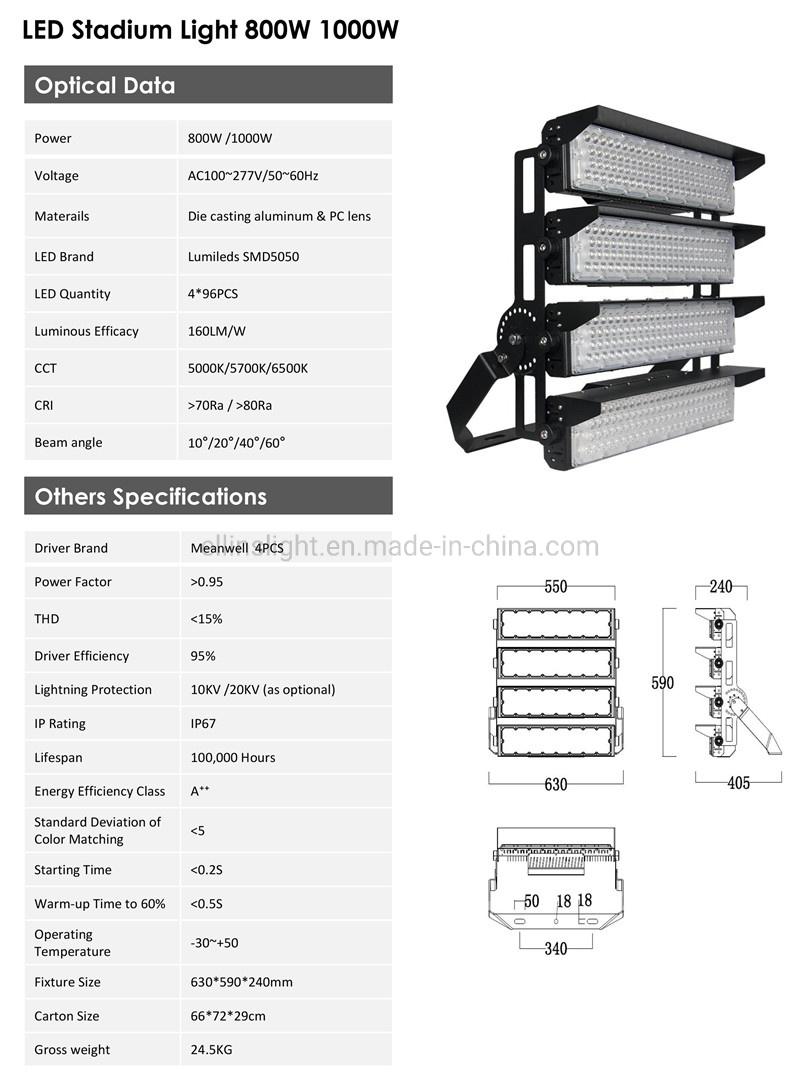 Asymmetric Angle Outdoor Stadium Tennis Sport Court LED High Mast Lighting 800W 1000W