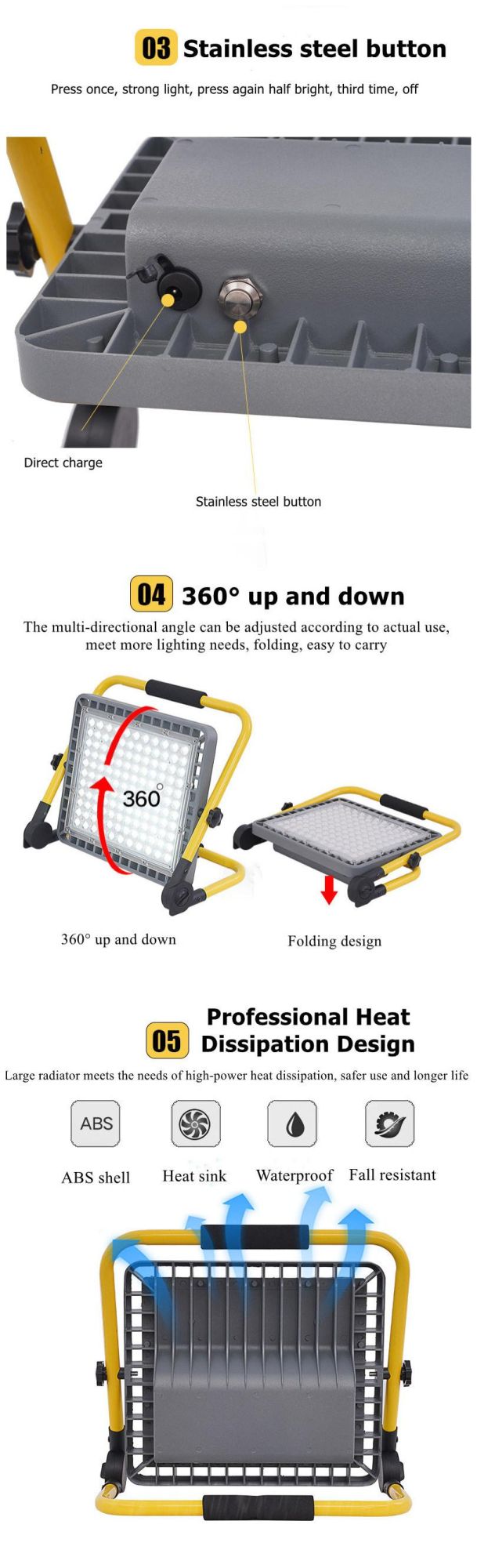 Die Cast Aluminum 300W Rechargeable Emergency Flood Light
