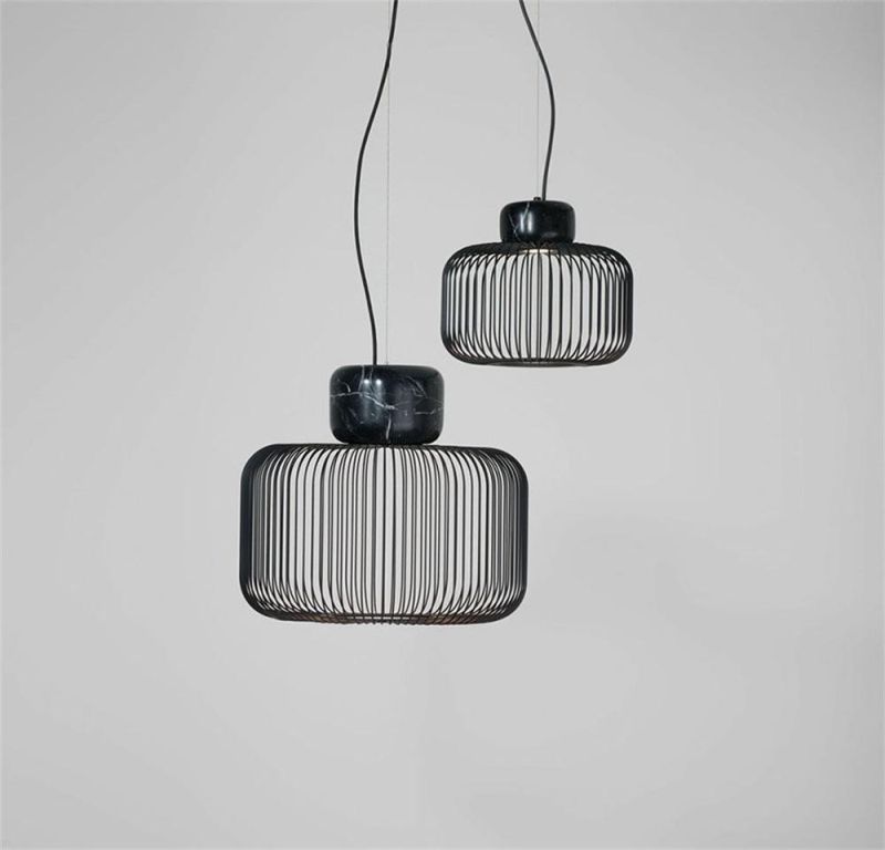 2022 Keshi S Suspension Lamp Crafted in Sanded Black Markina Marble and Metallic Bar Shade Pendant Light