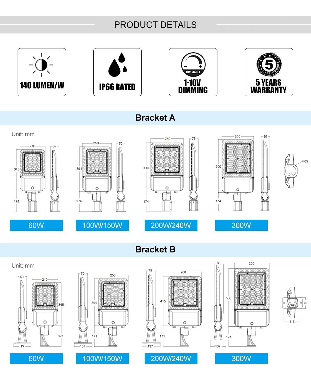 OEM 5 Years Warranty 100W 150W 200W 240W 300W LED Parking Lot Lighting IP66 LED Street Light Shoebox