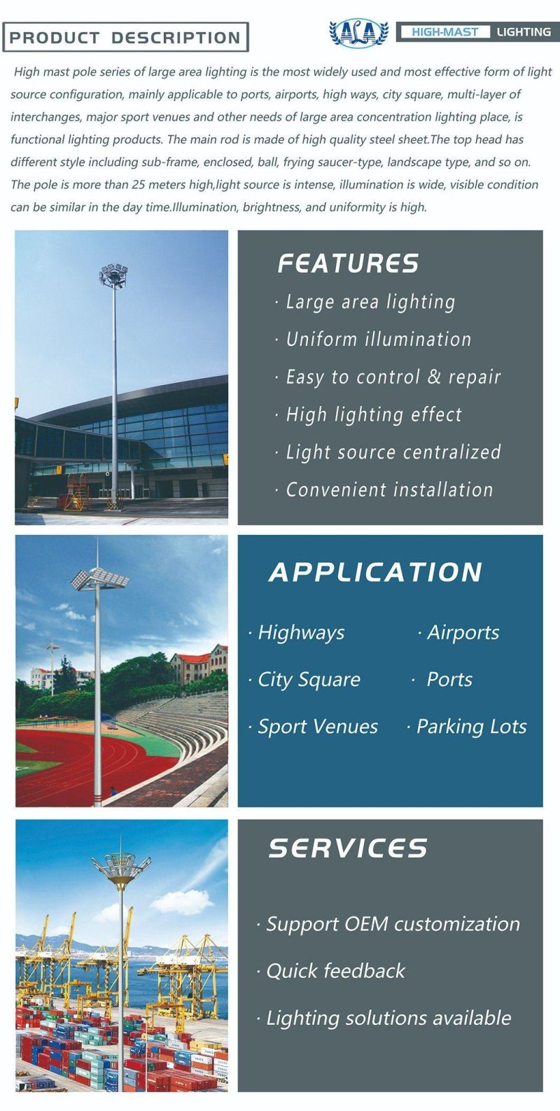 Ala Newest 500W-1000W CE Certified Flood LED Lamp High Mast Light Applicable to City Square, Station, Wharf, Highway, Stadium, Overpass
