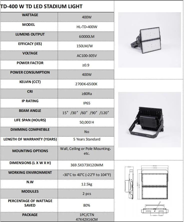 60000lm 400W 150lm/W LED High Mast Light for Football Field