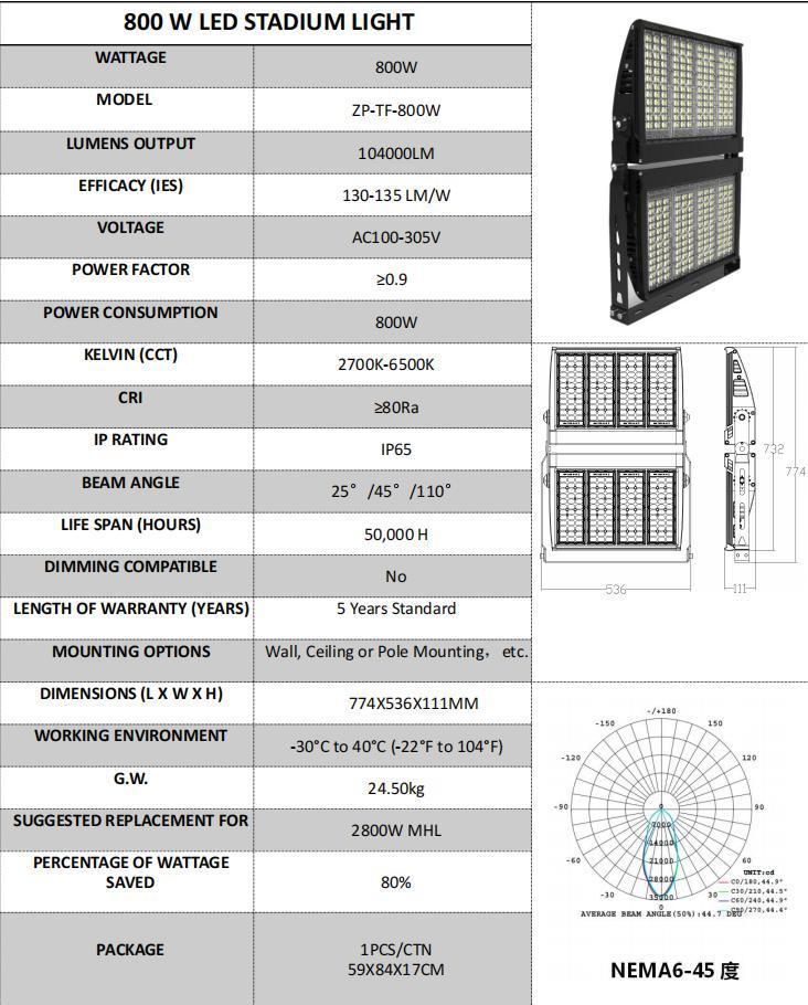 800W Super Bright Football Stadium LED High Mast Light IP65