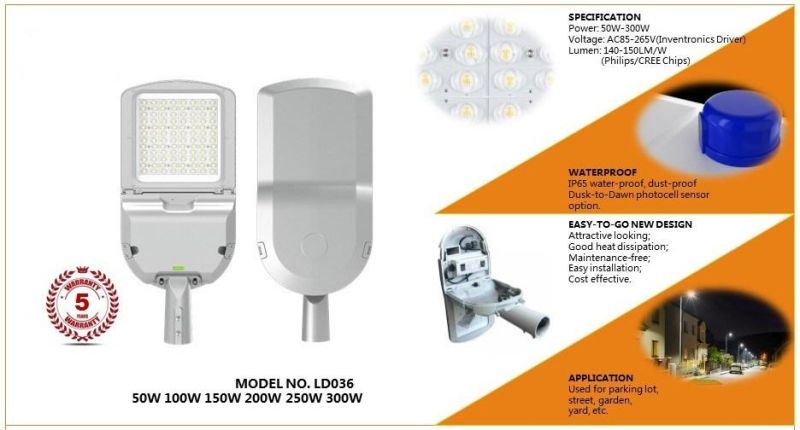 5-Year Warranty Optical Lens Withstand Voltage 1500V 250W LED Streetlight