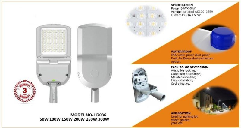 Outdoor 130-140lm/W Waterproof Super Bright 250W LED Street Light