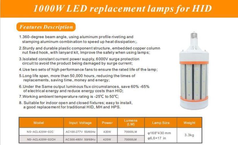 420W Ex39 Base Corn Light Replacement 1000W Metal Halide Warehouse Garage High Bay