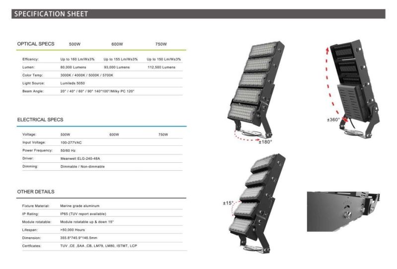 IP66 300W 400W 500W 600W 800W 900W 1000W 1200W 1500W Basketball Football Field Sport Court Stadium Outdoor High Mast LED Projector Flood Light