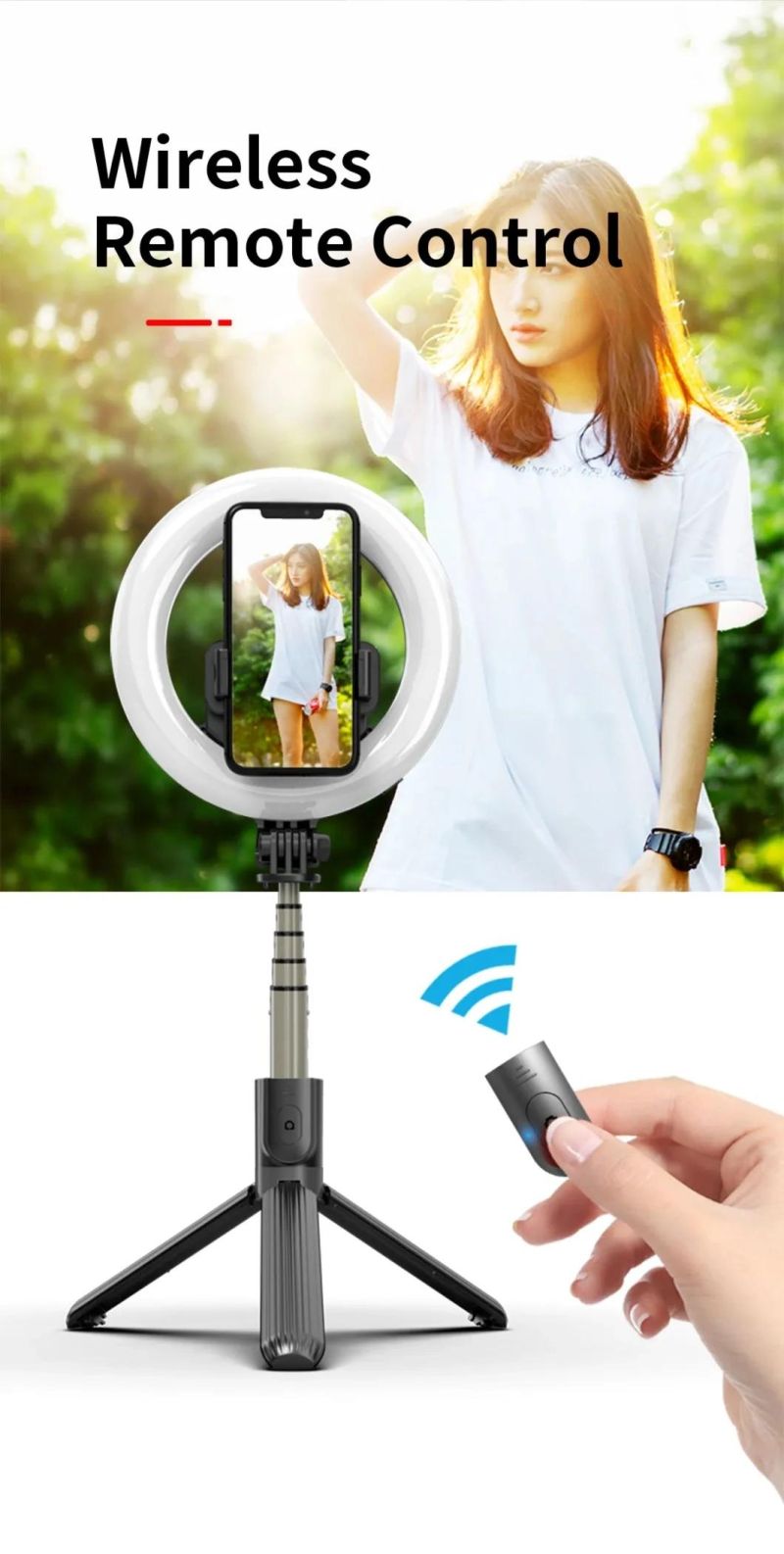 Wireless Bluetooth Selfie Stick Tripod with LED Ring Fill Light Live Broadcase Tiktok Selfei Shutter Holder L07