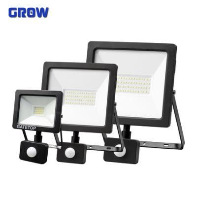 China Manufacturer LED Floodlight with PIR Sensor 10W 30W 50W IP44 Slim Flood Light for Outdoor Industrial Lighting