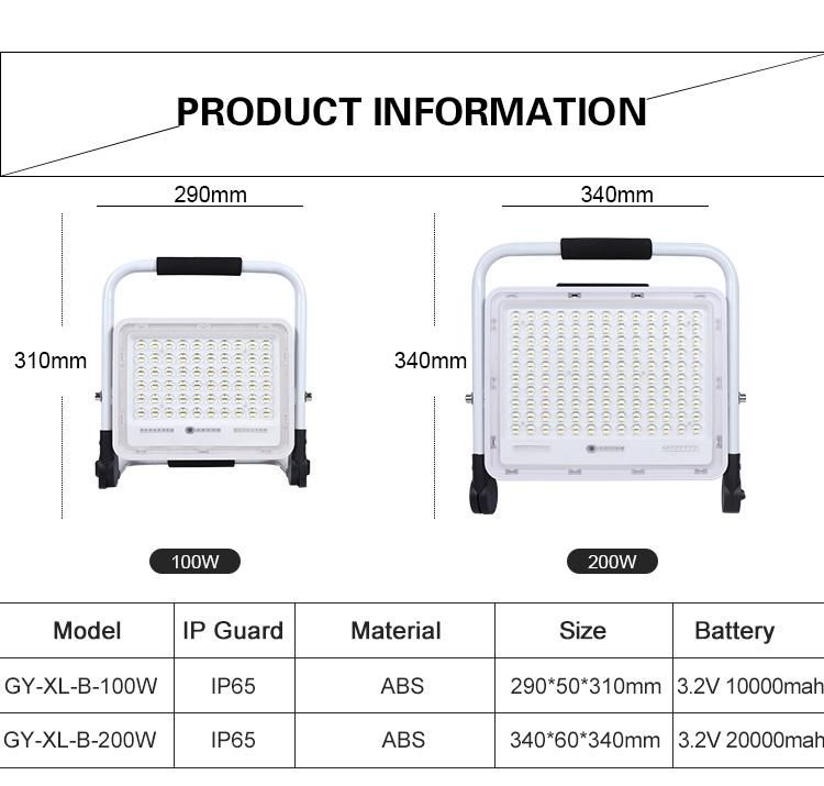 Outdoor Waterproof IP65 Portable 100W 200W Fishing Rechargeable Floodlight