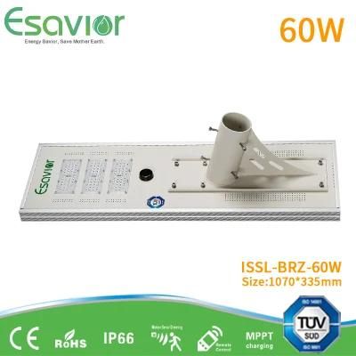 High Lumens 6000lm 60W All in One Solar LED Street Lighting Integrated Solar Panel Lamp with Motion Sensor Ce RoHS IP66