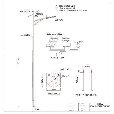 ISO9001 Hanging Battery Factory Price 40W LED Solar Street Light with 7m Light Pole