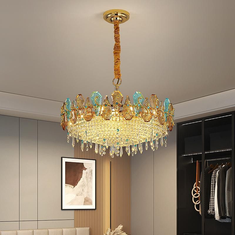 2022 Decorative Living Room Gold Hanging Pendant Lighting Fixture Colorful Crystal Stone Chandelier