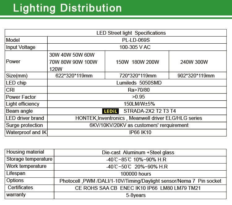 High Efficiency IP66 Ik10 Outdoor Waterproof Die-Casting Aluminum 150W LED Street Light