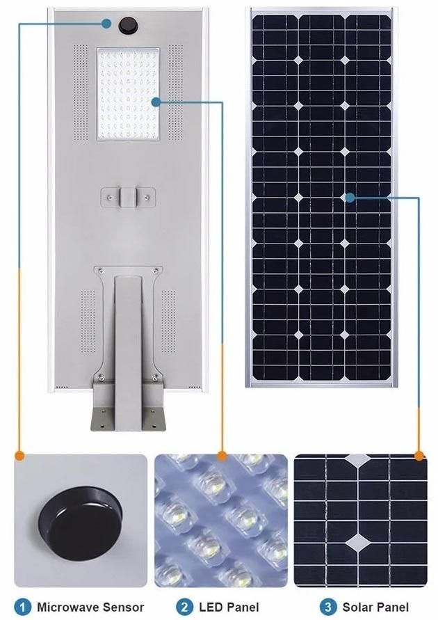 High Power Water Proof Outdoor IP 66 with PIR Sensor 10W, 20W, 30W, 40W, 50W, 60W, 70W, 80W, 90W, 100W All in One Solar LED Street Light