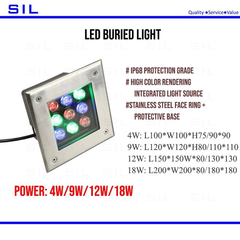 Hot Sale IP68 Waterproof 9watt in-Ground LED Light LED Square Underground Light LED Inground LED Buried Light