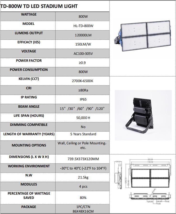 120000lm Outdoor Lighting Waterproof 800W LED Stadium High Mast Light